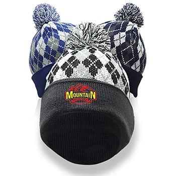 Diamond Pattern Knitted Pompom Beanie